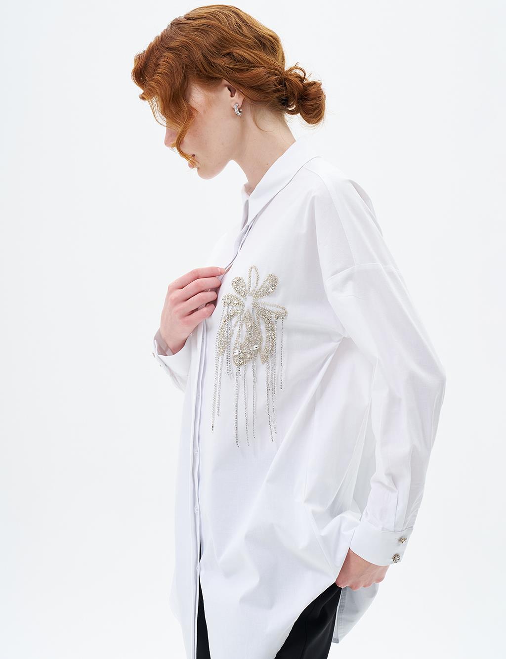 Stone Embroidered Poplin Tunic Optic White