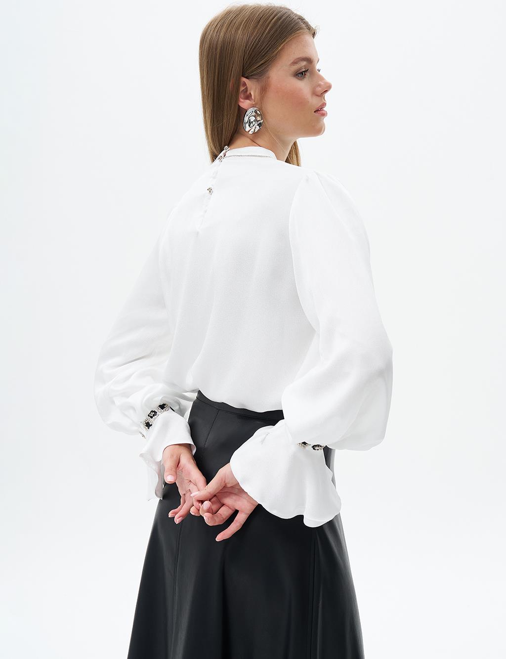 Stone Embroidered Mandarin Collar Blouse Optic White