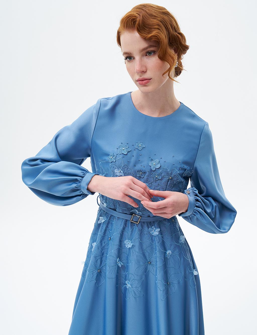 Flower Appliqued Satin Dress Crown Blue