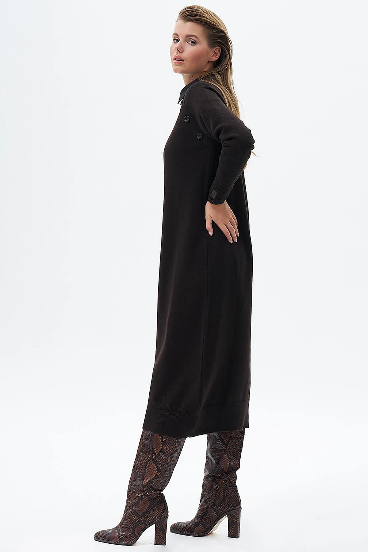 Buttoned Half Turtleneck Knitted Dress Coffee