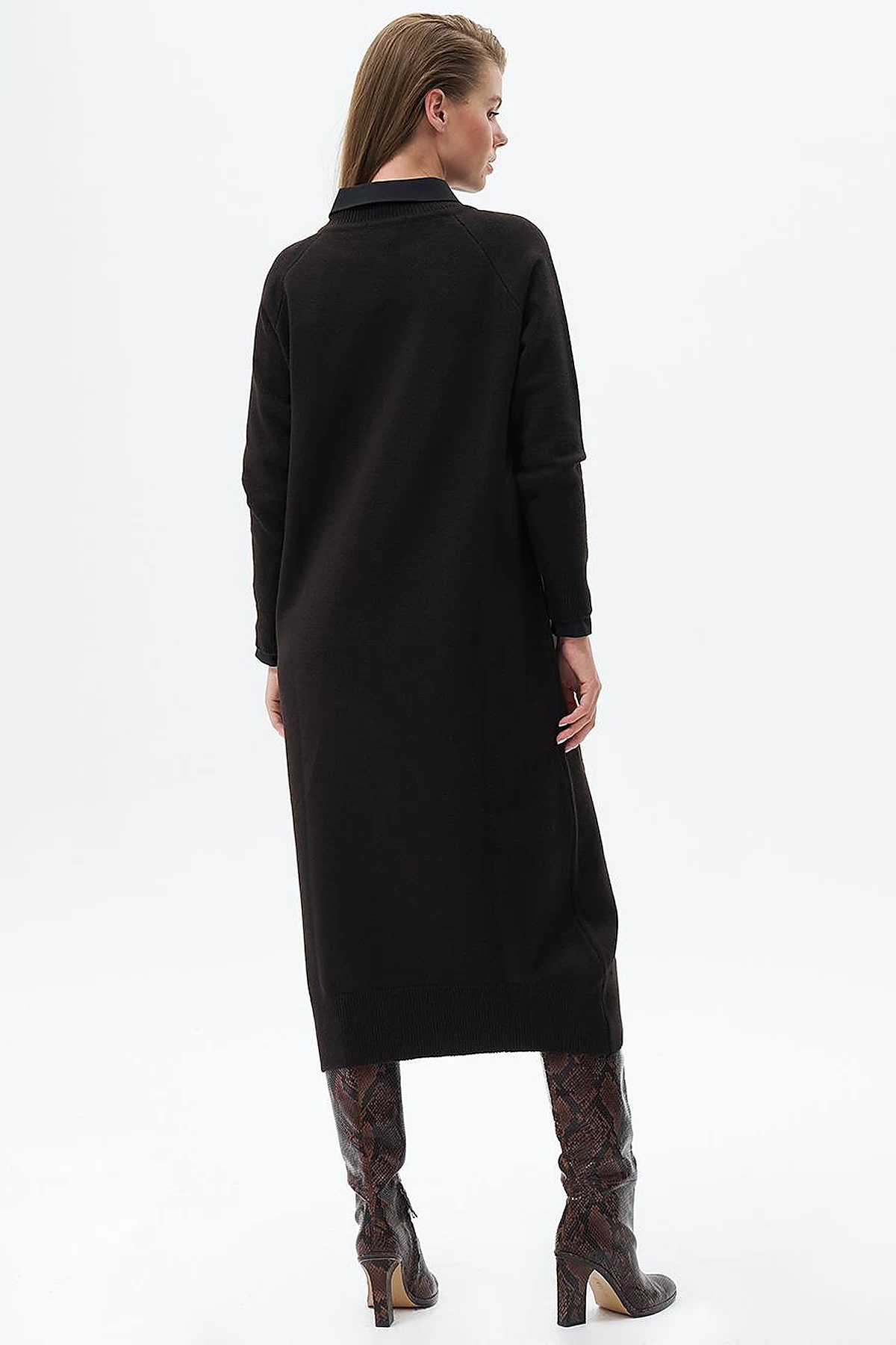 Buttoned Half Turtleneck Knitted Dress Coffee