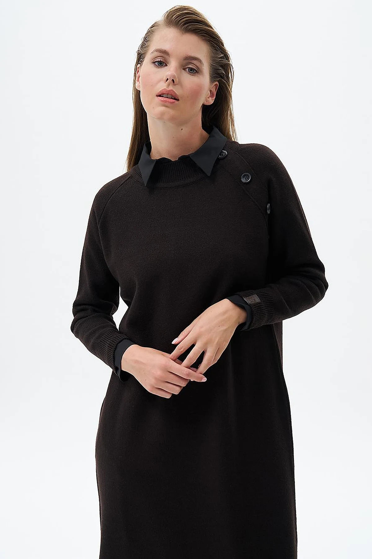 Buttoned Half Turtleneck Knitted Dress Coffee