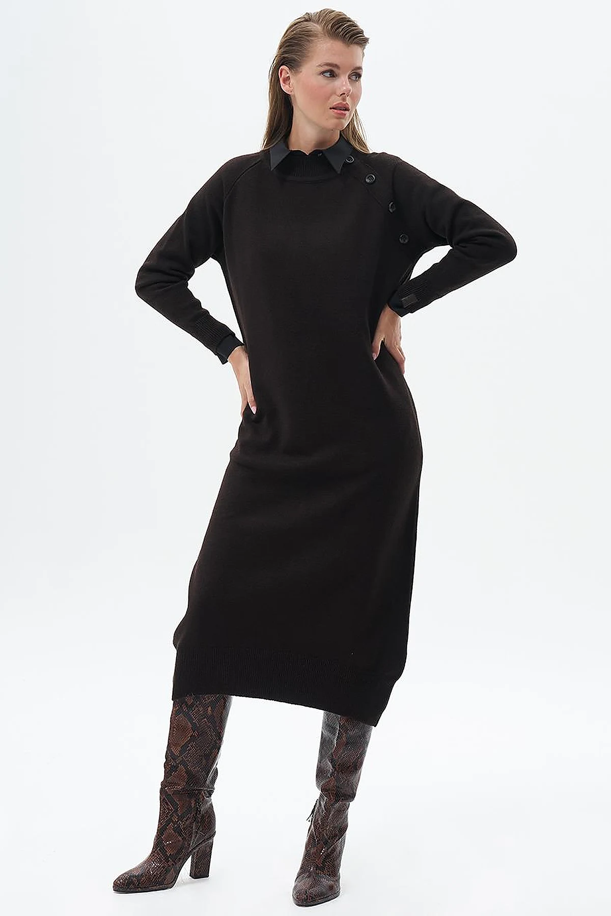 Buttoned Half Turtleneck Knitted Dress Coffee