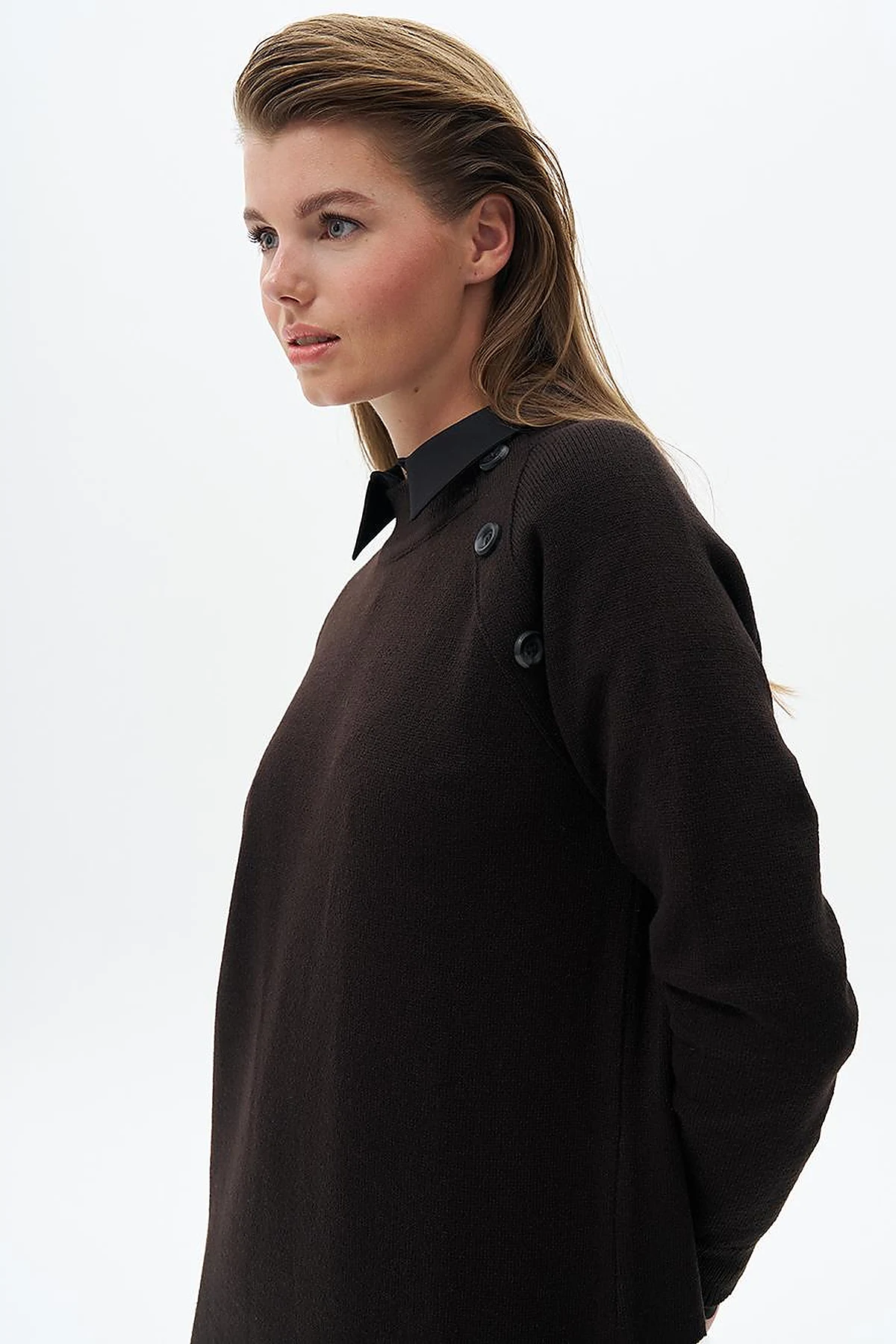 Buttoned Half Turtleneck Knitted Dress Coffee