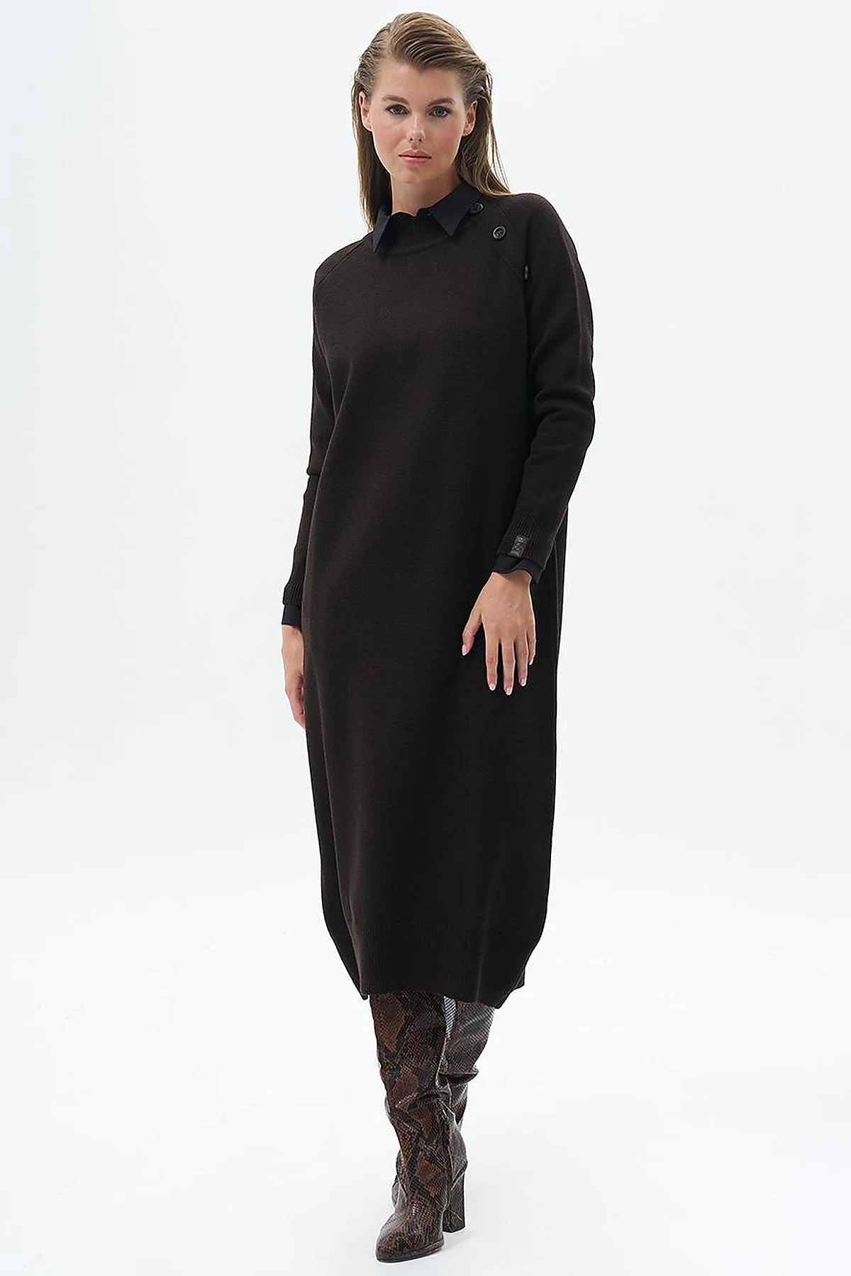 Buttoned Half Turtleneck Knitted Dress Coffee