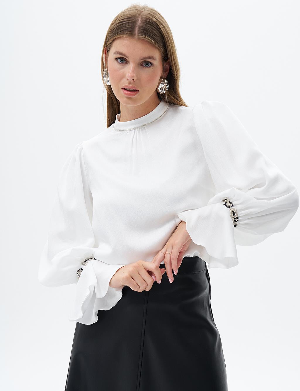 Stone Embroidered Mandarin Collar Blouse Optic White