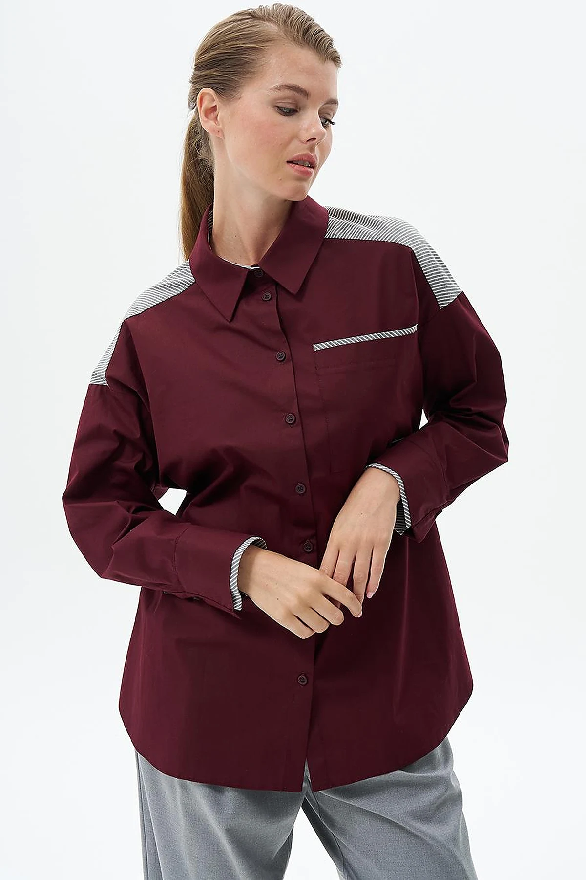 Geniş Manşetli Çizgi Desen Pamuklu Tunik Bordo