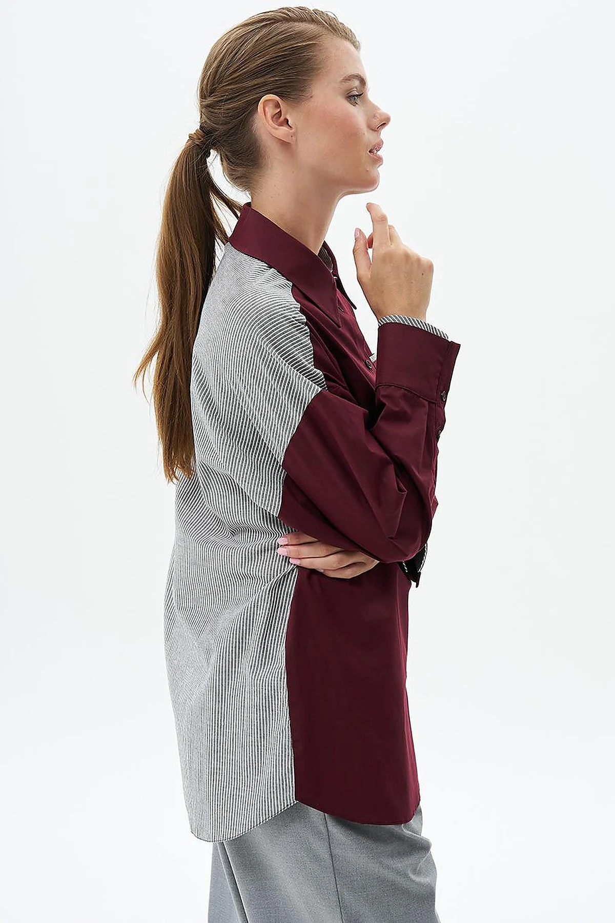 Geniş Manşetli Çizgi Desen Pamuklu Tunik Bordo