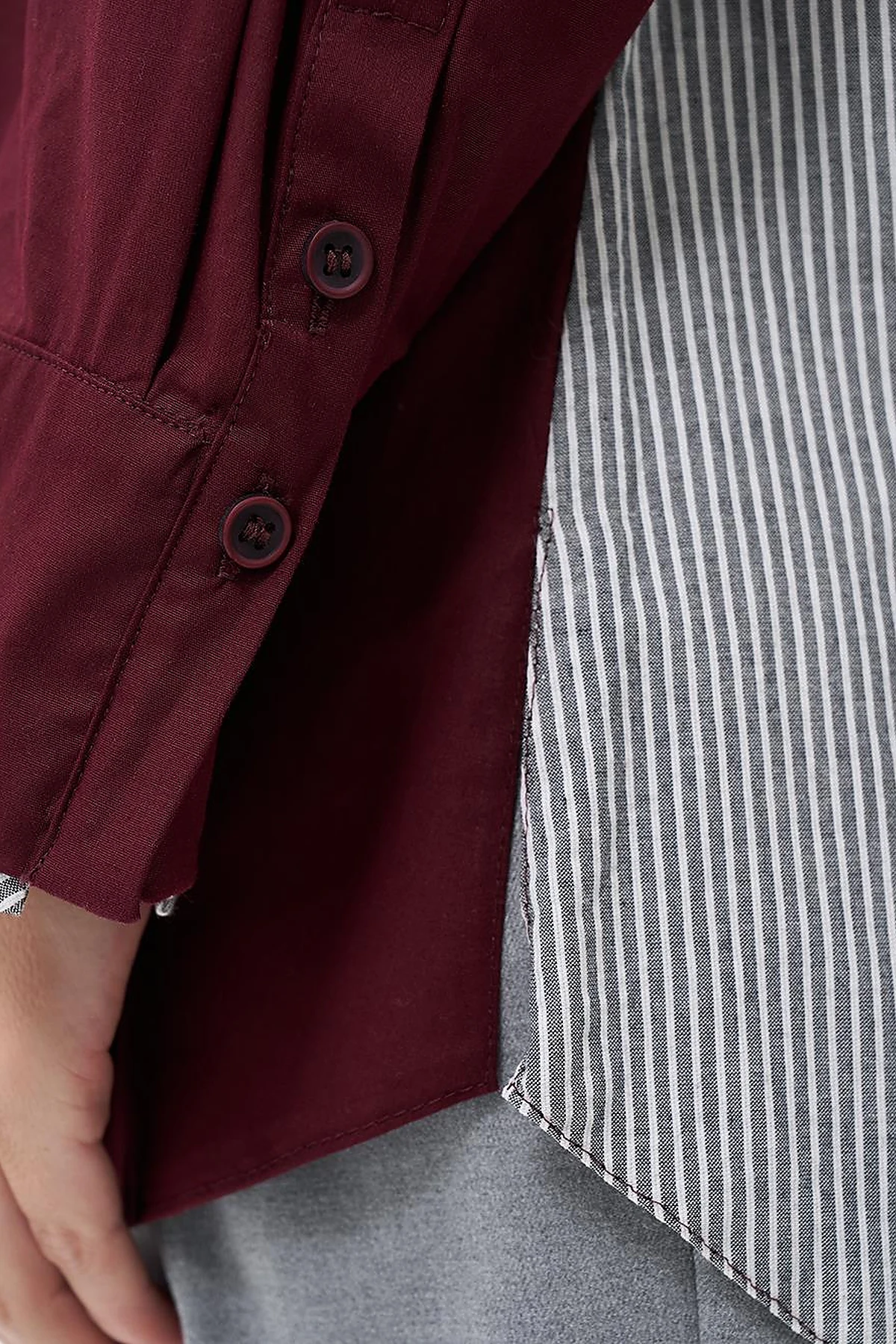 Geniş Manşetli Çizgi Desen Pamuklu Tunik Bordo