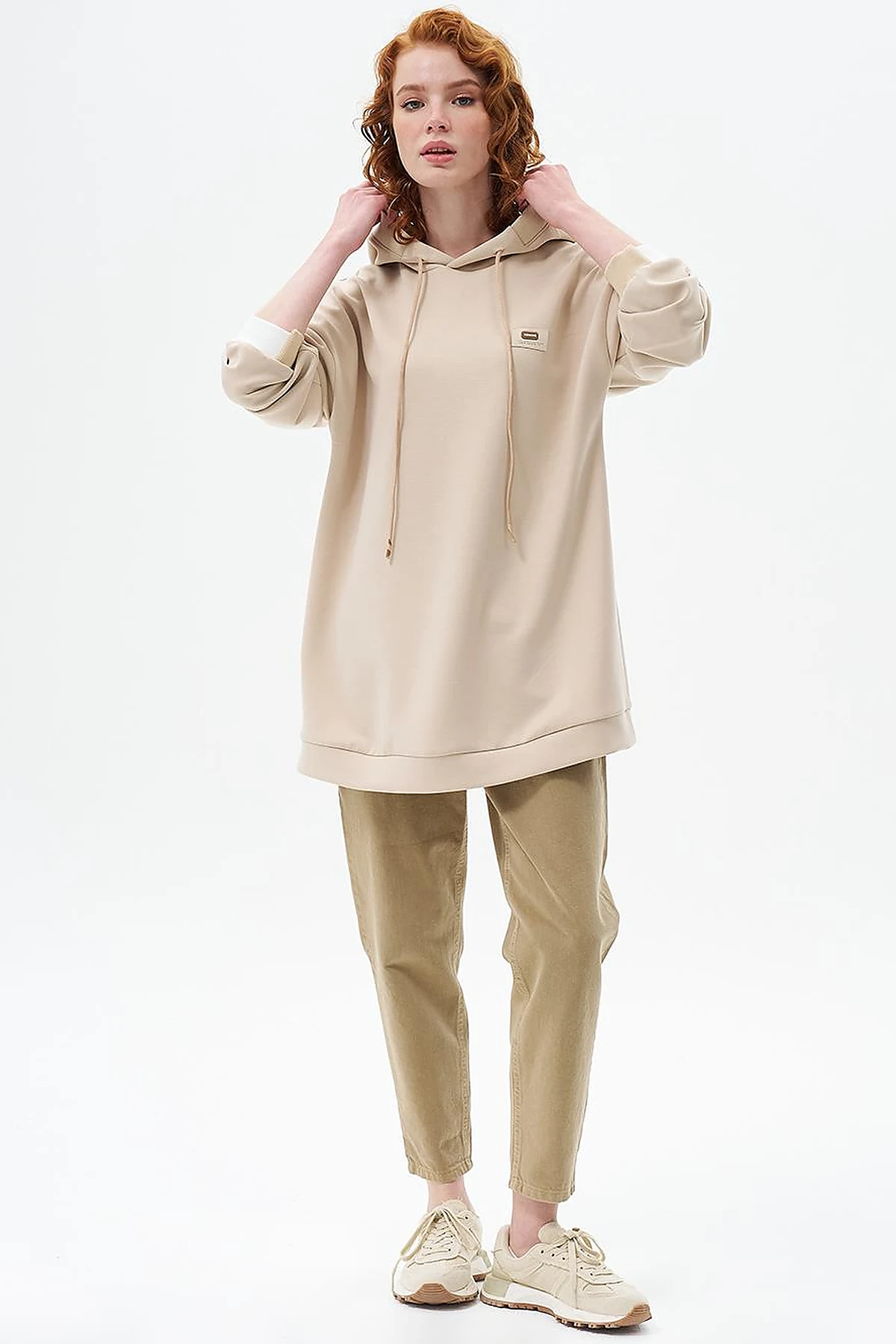 Hooded Scuba Sweatshirt Light Beige