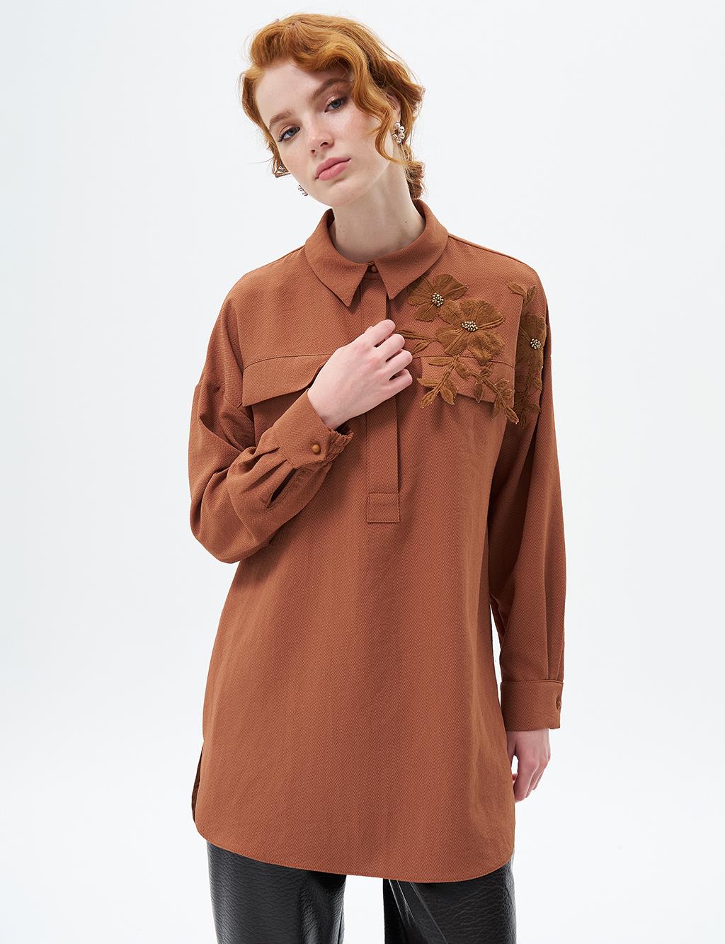 Floral Applique Shirt Collar Tunic Tobacco