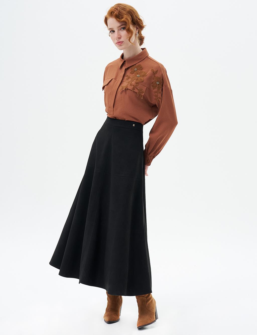 Stitched Detailed Suede Skirt Black