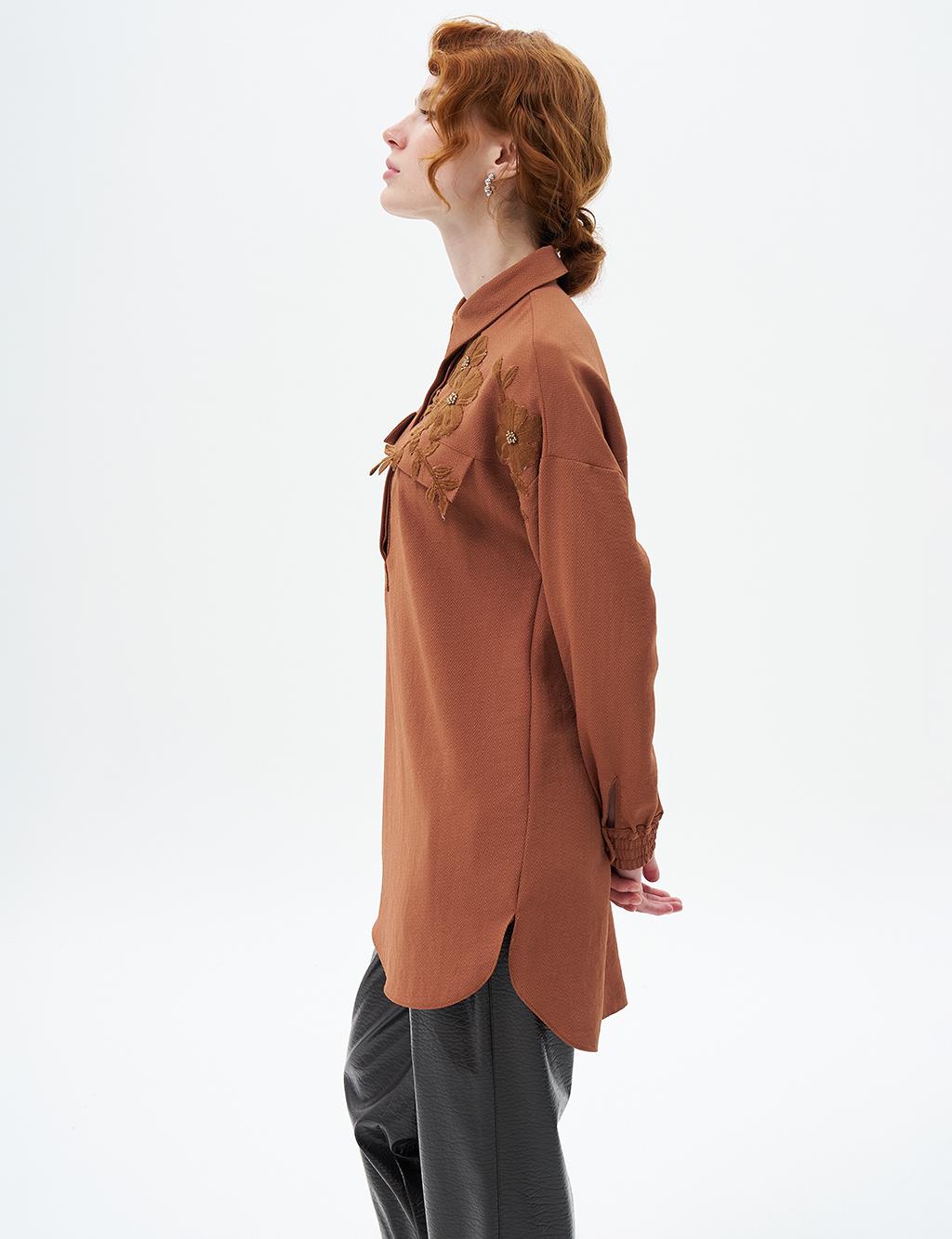 Floral Applique Shirt Collar Tunic Tobacco