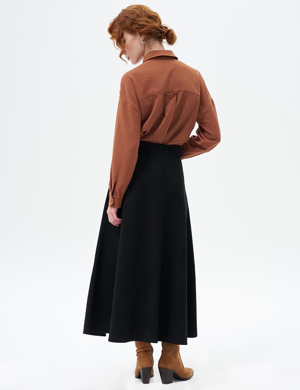 Stitched Detailed Suede Skirt Black