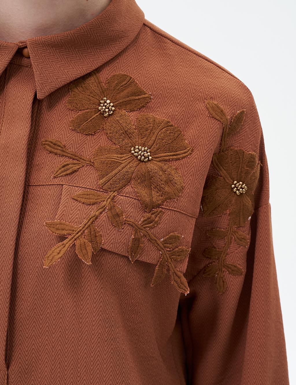 Floral Applique Shirt Collar Tunic Tobacco