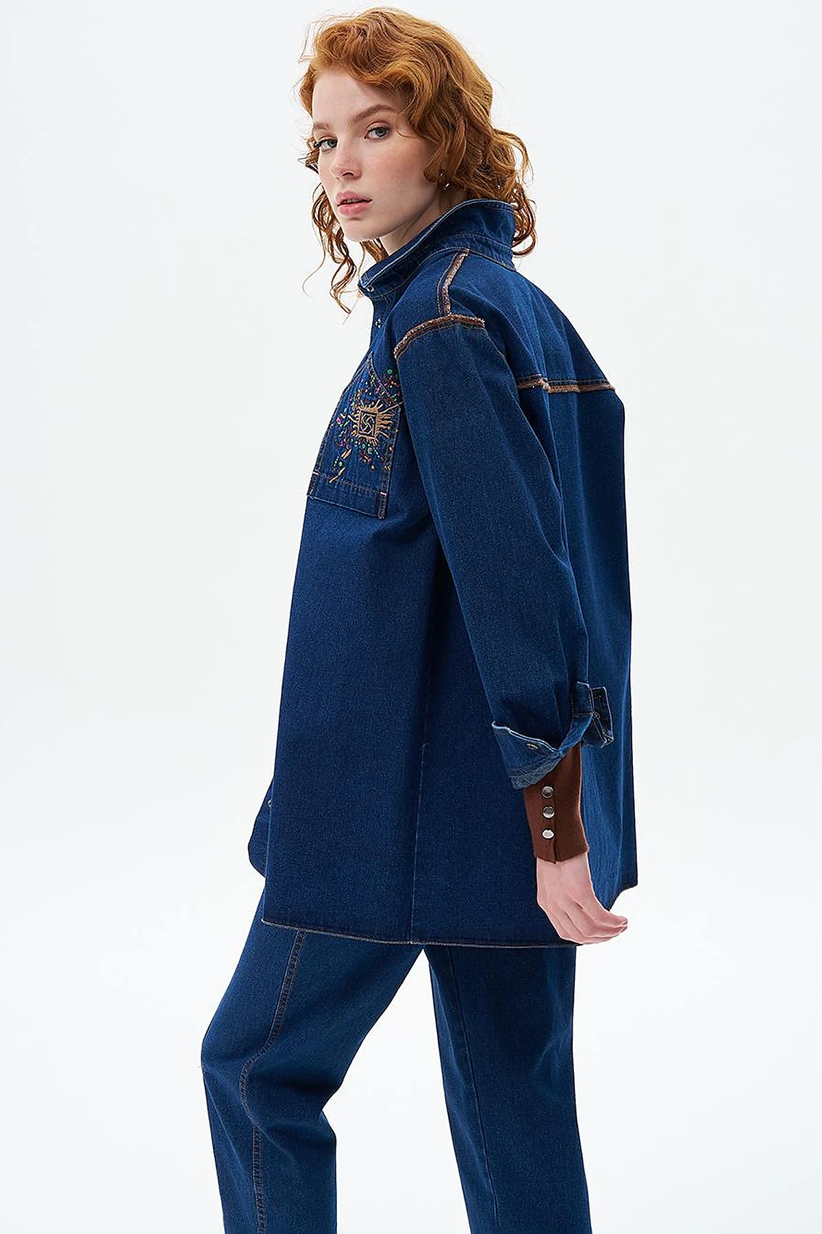 Nakış İşlemeli Denim Tunik/Ceket Lacivert