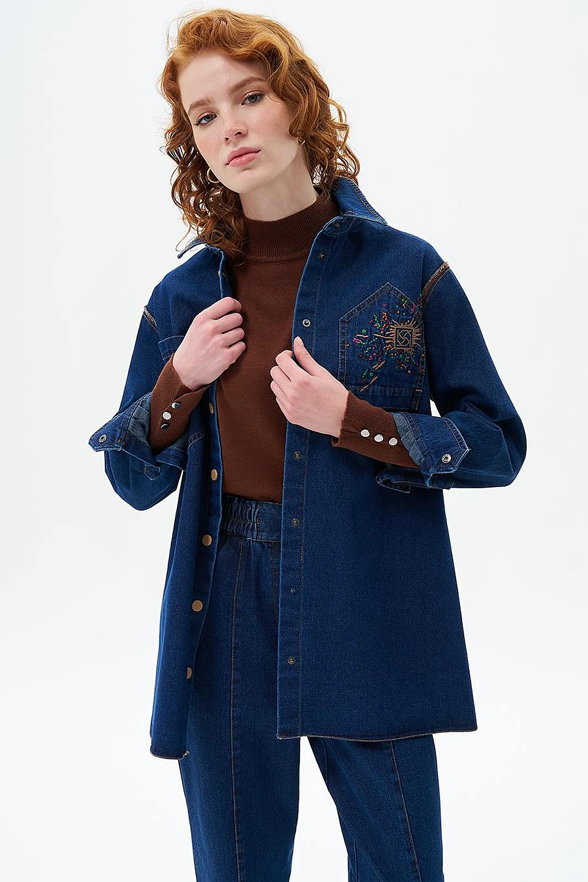 Nakış İşlemeli Denim Tunik/Ceket Lacivert