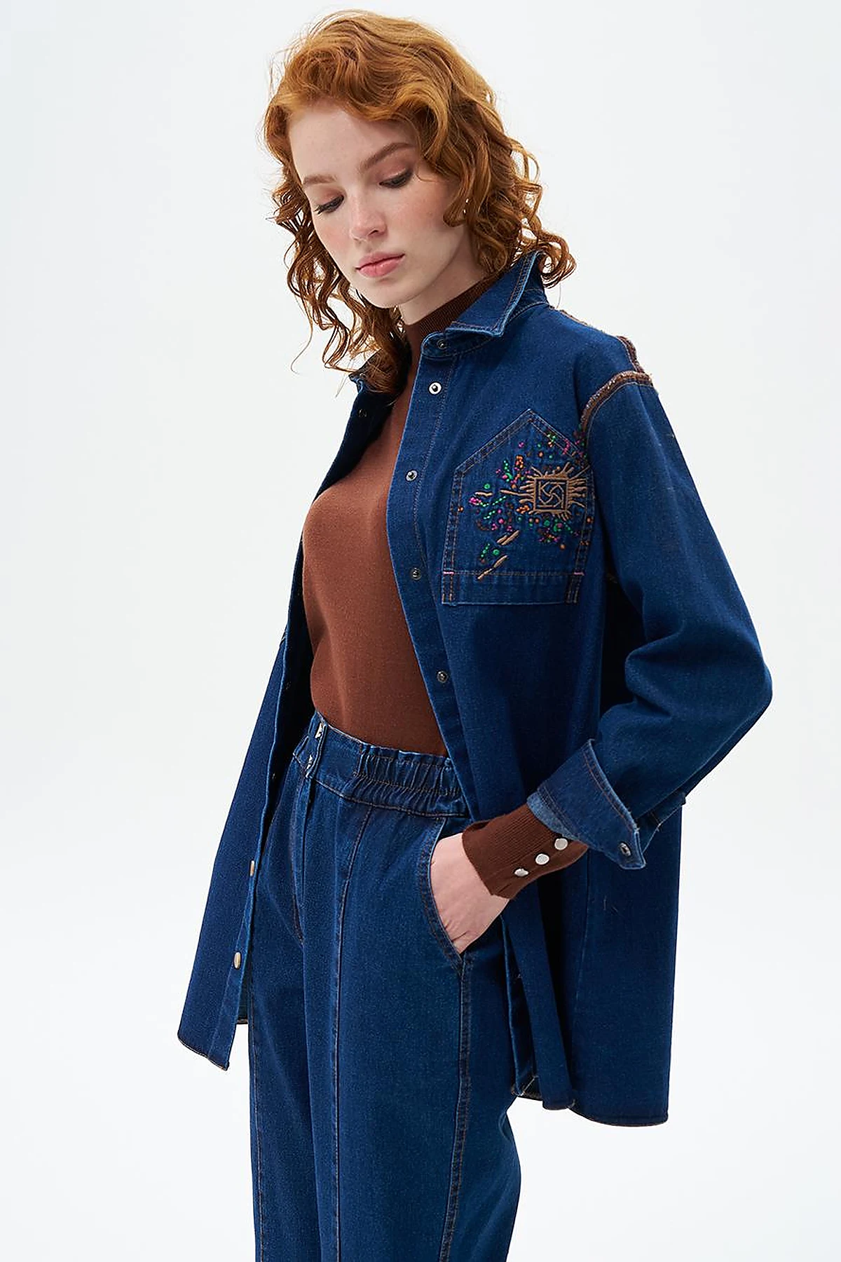 Nakış İşlemeli Denim Tunik/Ceket Lacivert
