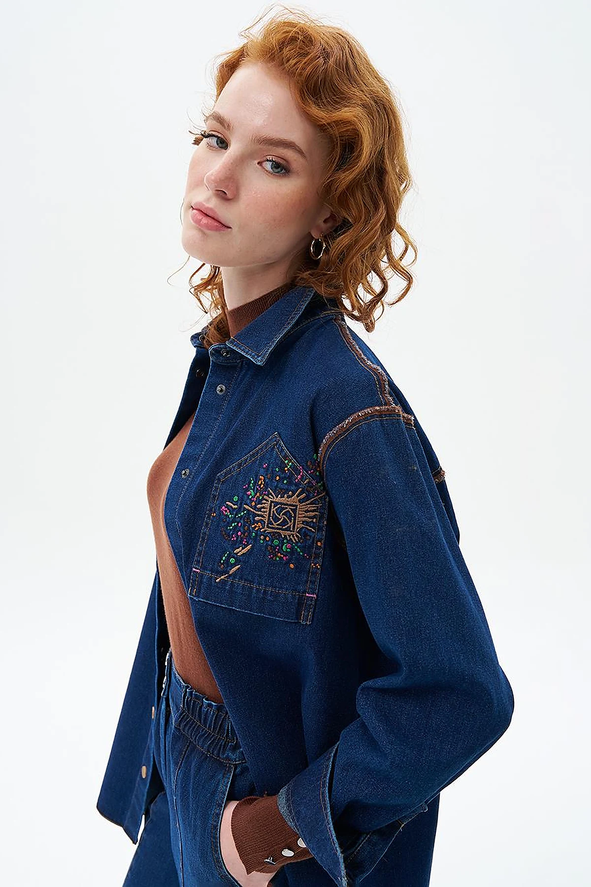 Nakış İşlemeli Denim Tunik/Ceket Lacivert