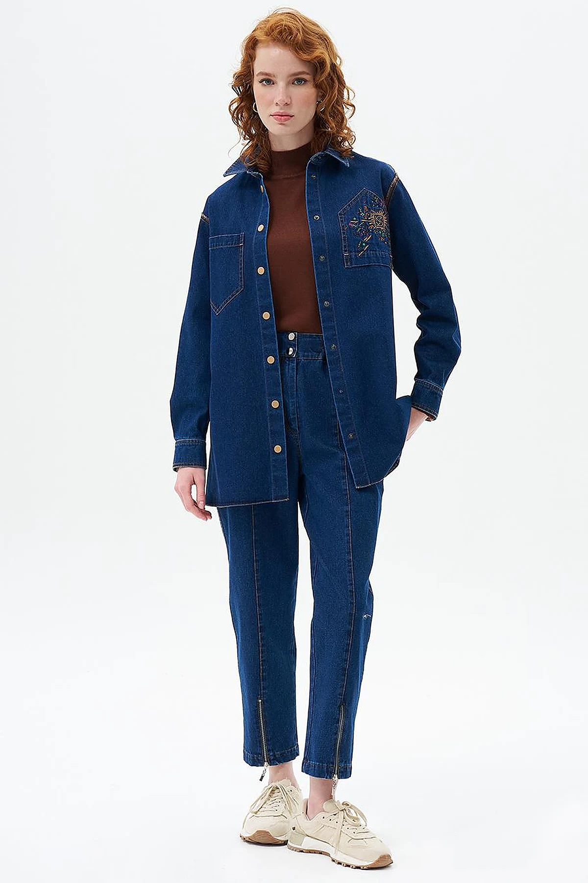 Nakış İşlemeli Denim Tunik/Ceket Lacivert