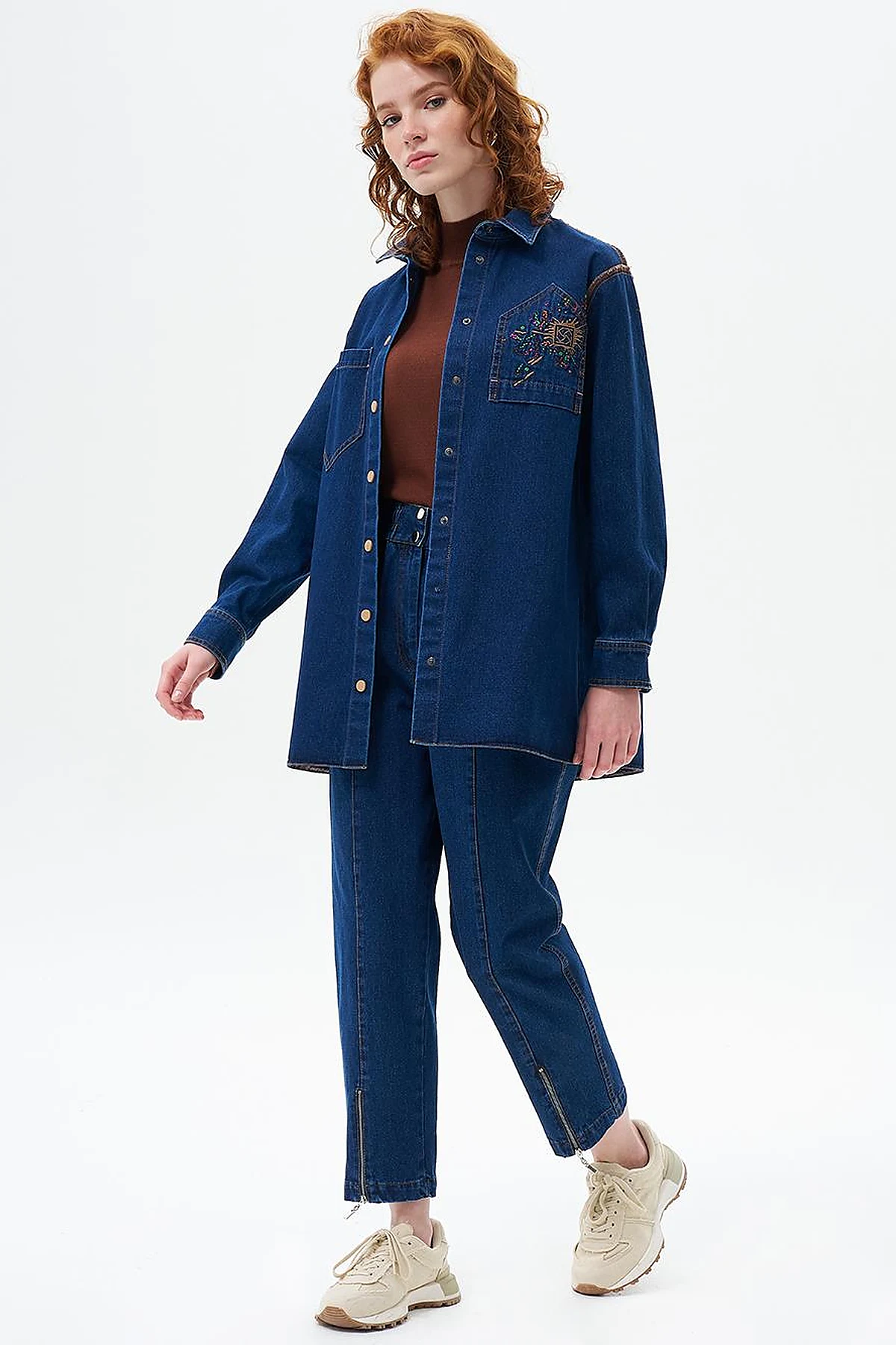 Nakış İşlemeli Denim Tunik/Ceket Lacivert