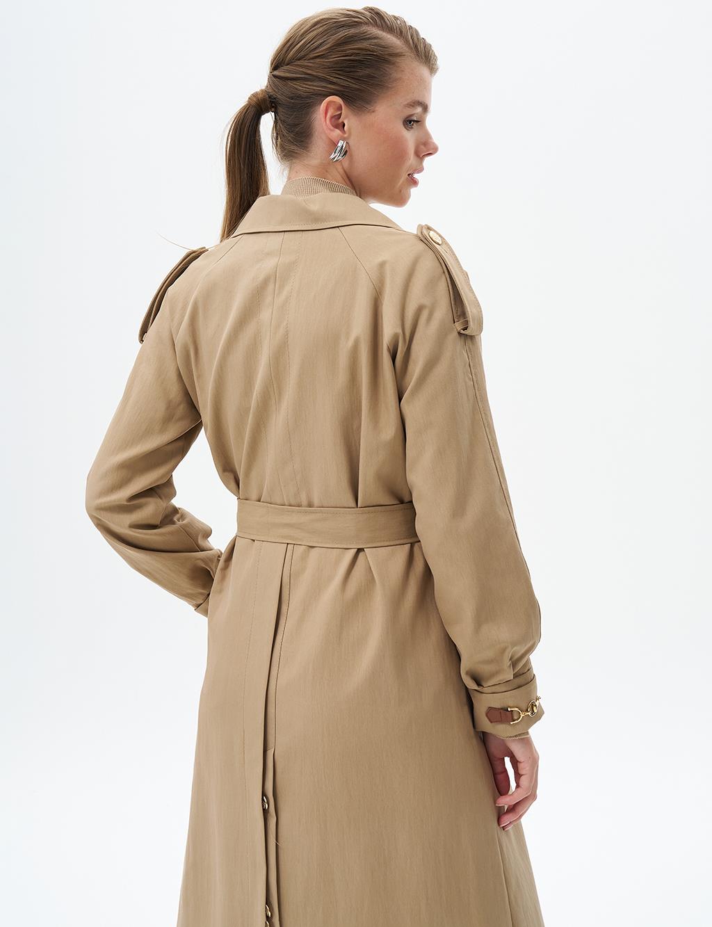 Gold Button Detailed Double Breasted Cape Beige