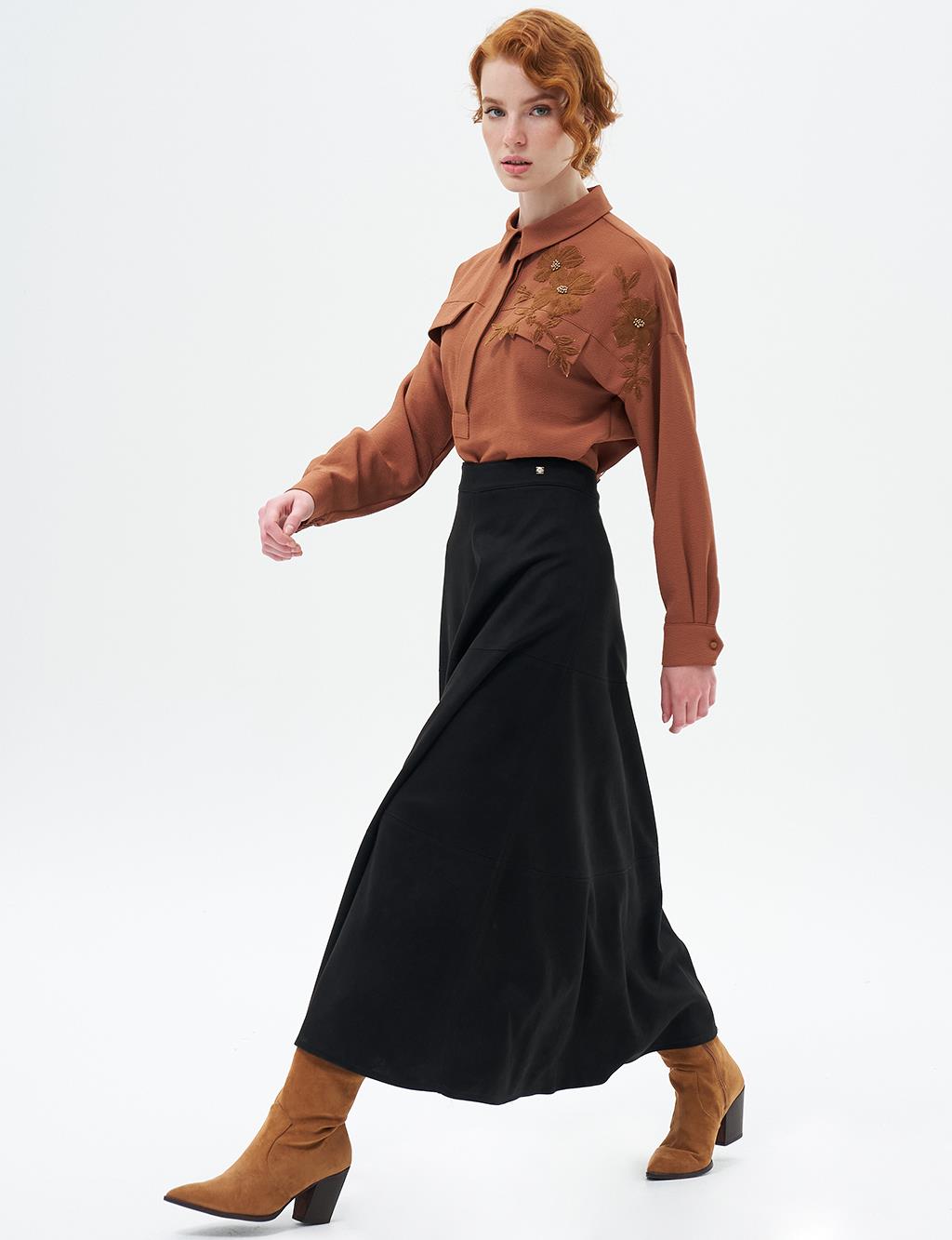 Stitched Detailed Suede Skirt Black