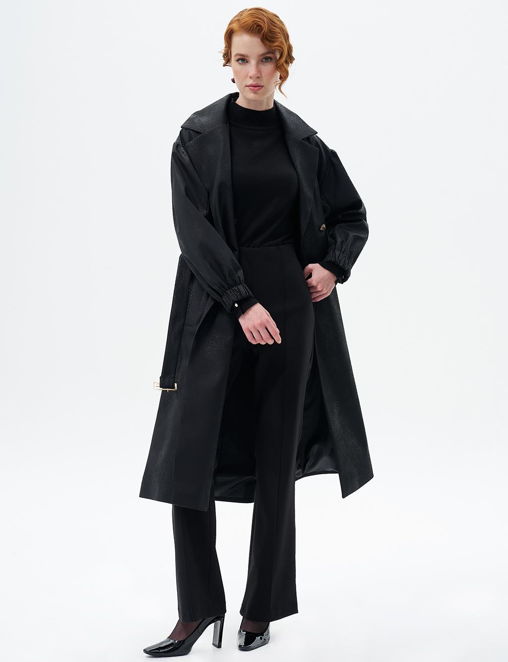 Gold Button Detailed Coat with Gathered Wrists Black