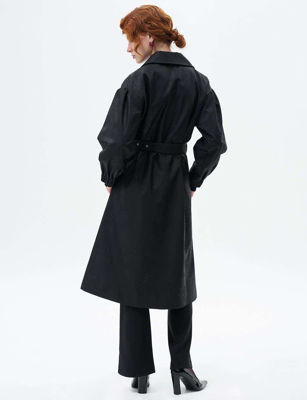 Gold Button Detailed Coat with Gathered Wrists Black