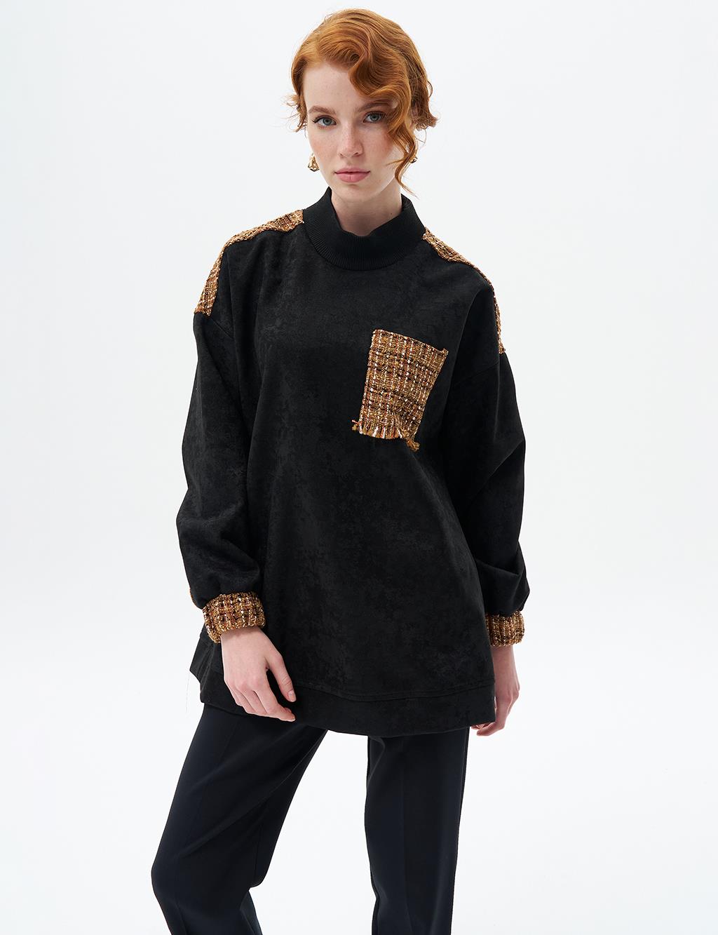 Tweed Garnished Sweatshirt Black