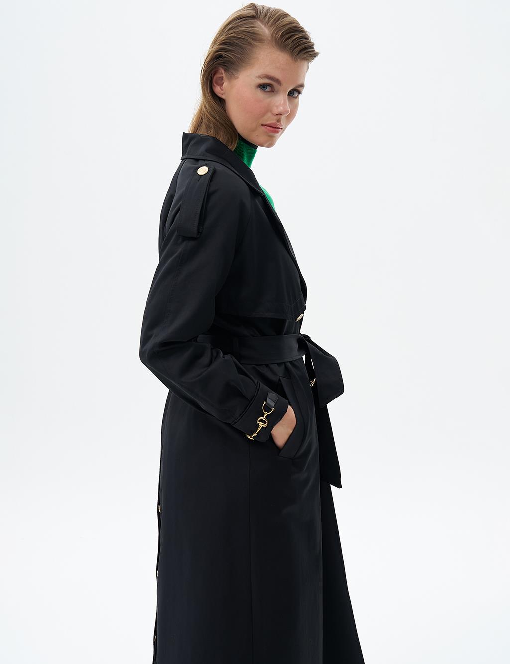 Gold Button Detailed Double Breasted Coat Black