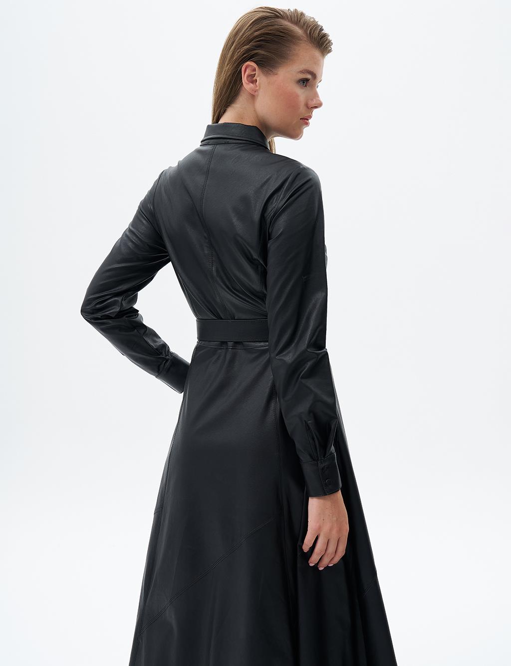 Faux Leather Dress with Stitching Detail Black