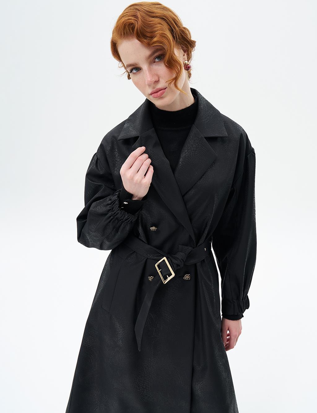 Gold Button Detailed Coat with Gathered Wrists Black