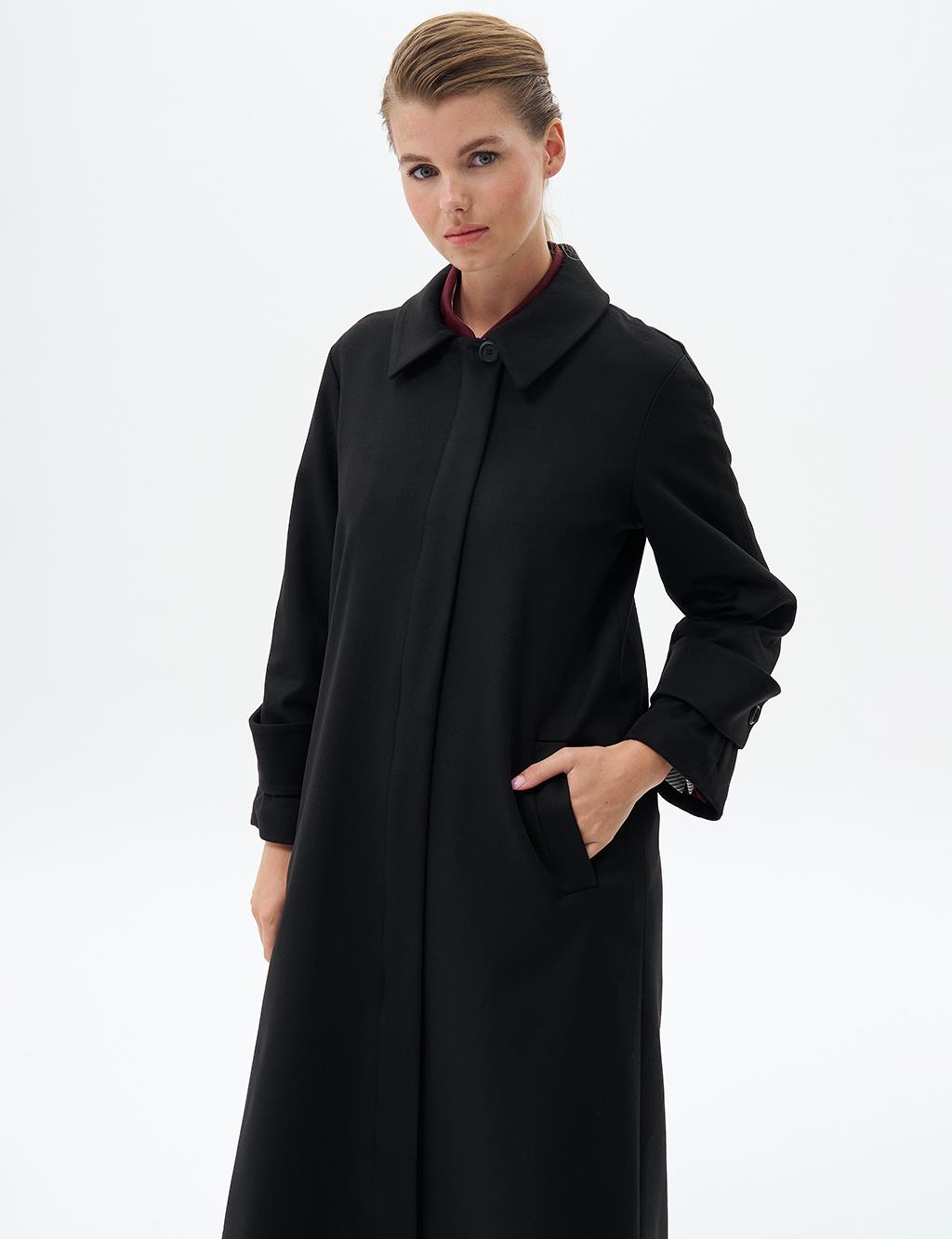 Cashmere Coat with Collar Detail Black