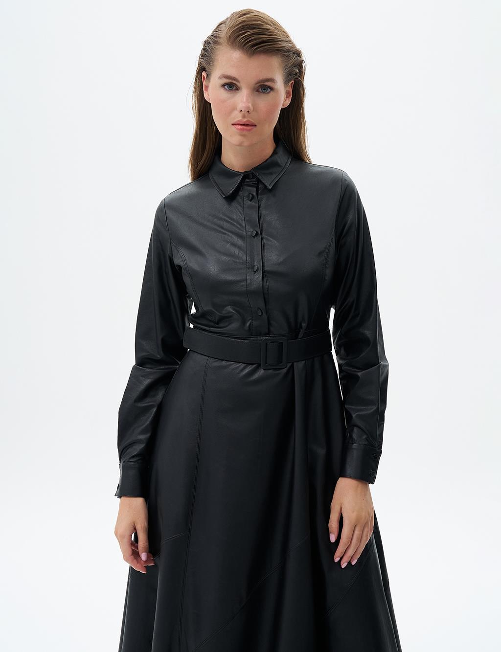 Faux Leather Dress with Stitching Detail Black