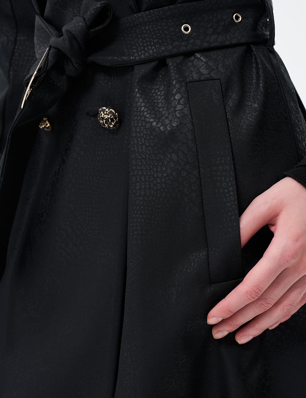 Gold Button Detailed Coat with Gathered Wrists Black