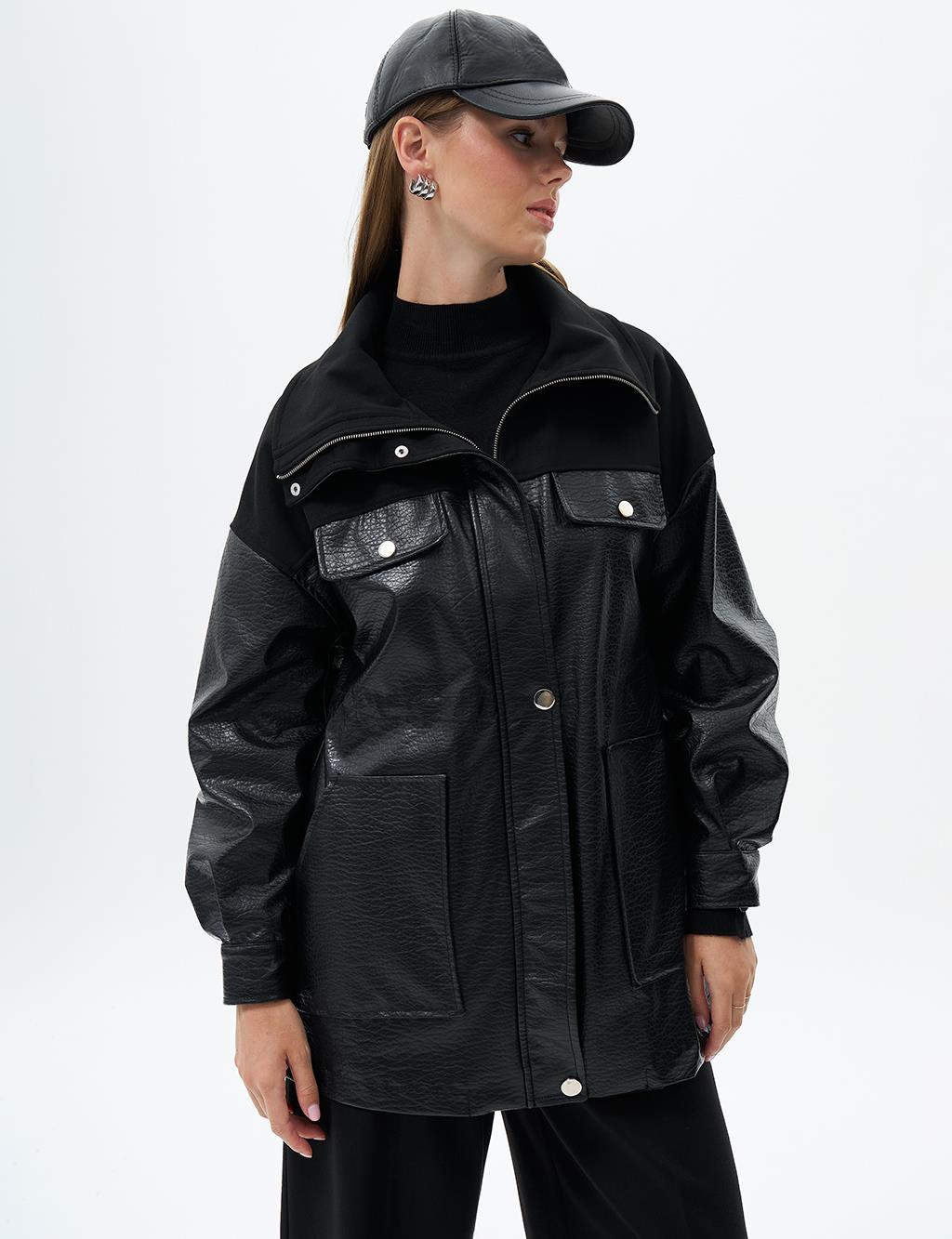 Faux Leather Coat Black