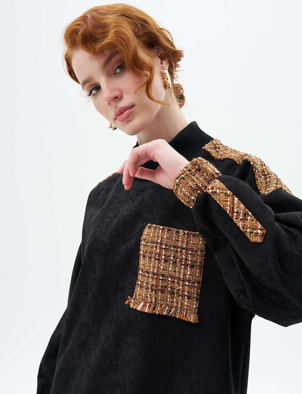 Tweed Garnished Sweatshirt Black