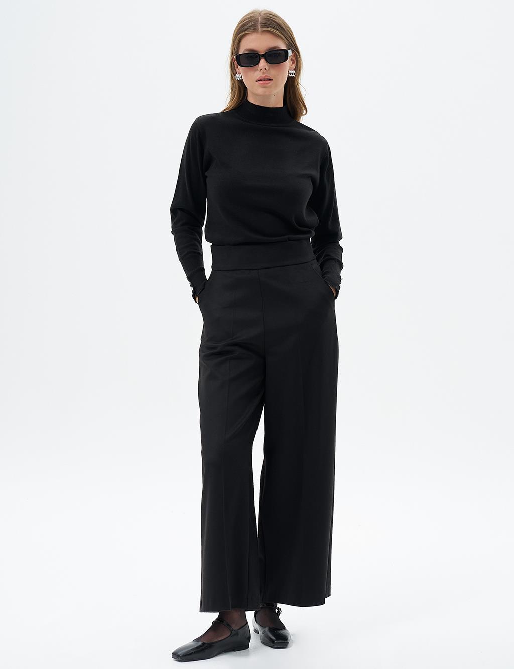 Wide Leg Trousers with Waist Detail Black