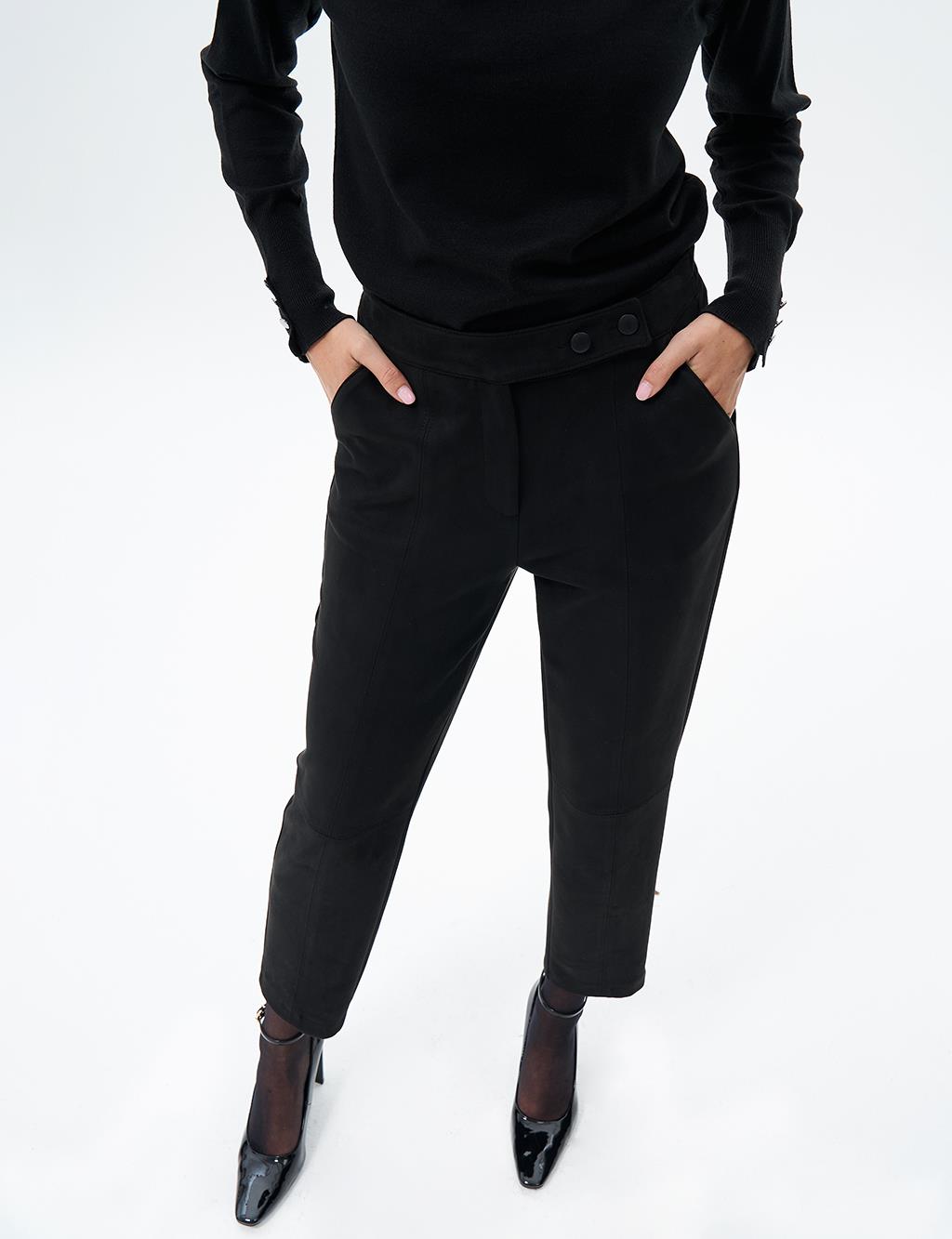 Suede Trousers with Button Detail Black