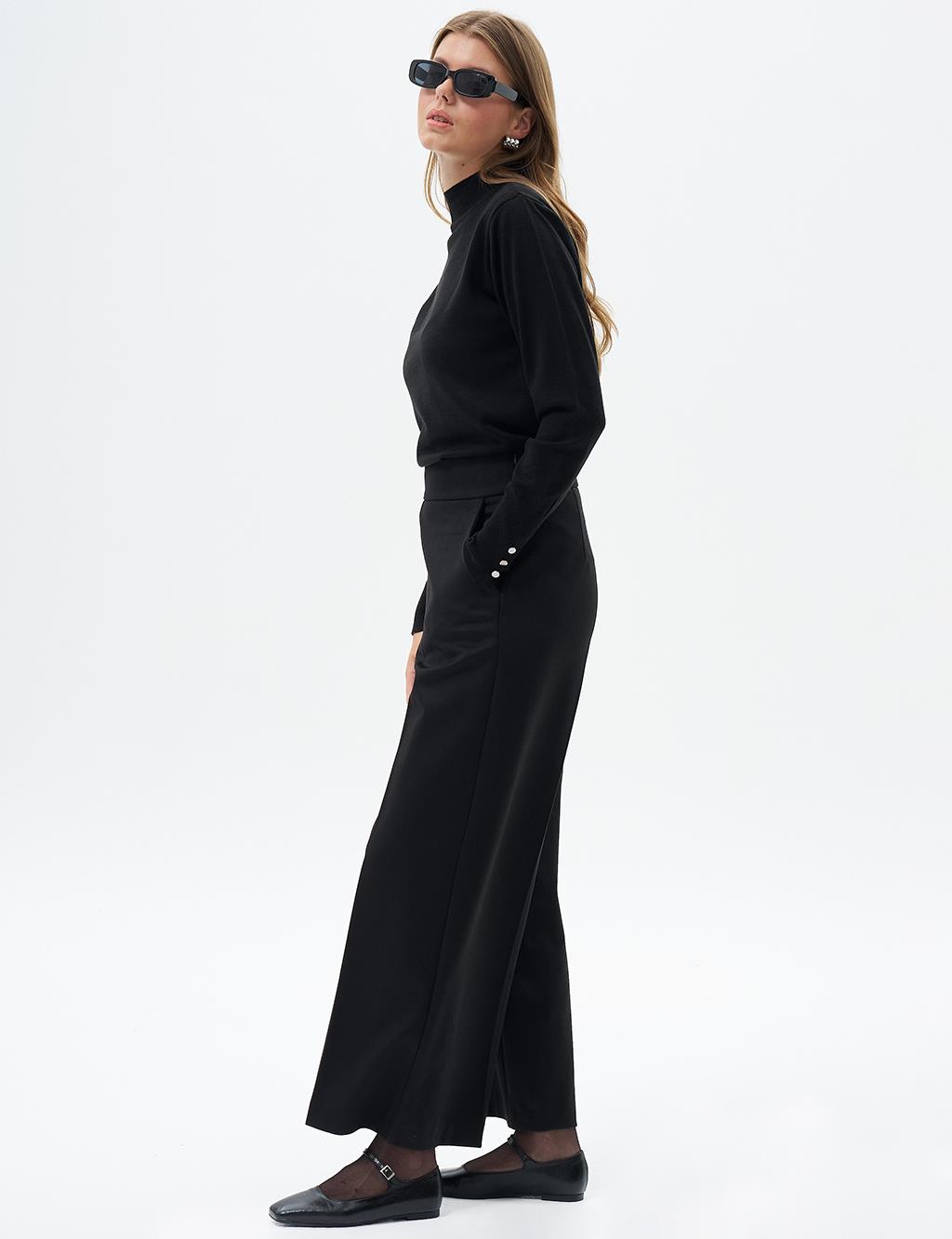 Wide Leg Trousers with Waist Detail Black