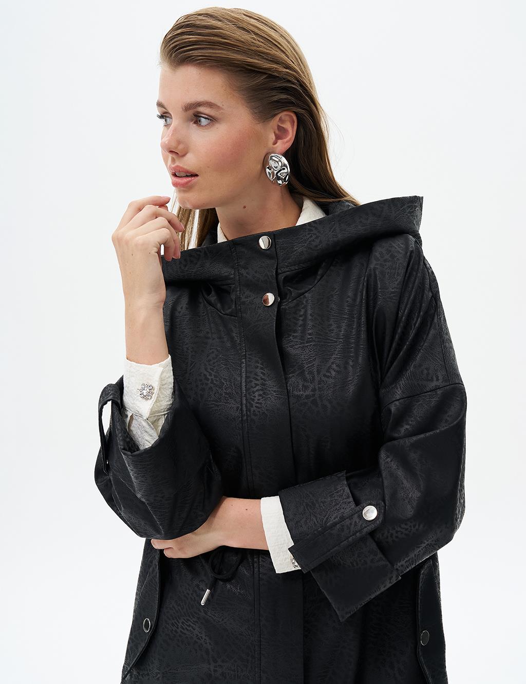 Hooded Printed Coat Black