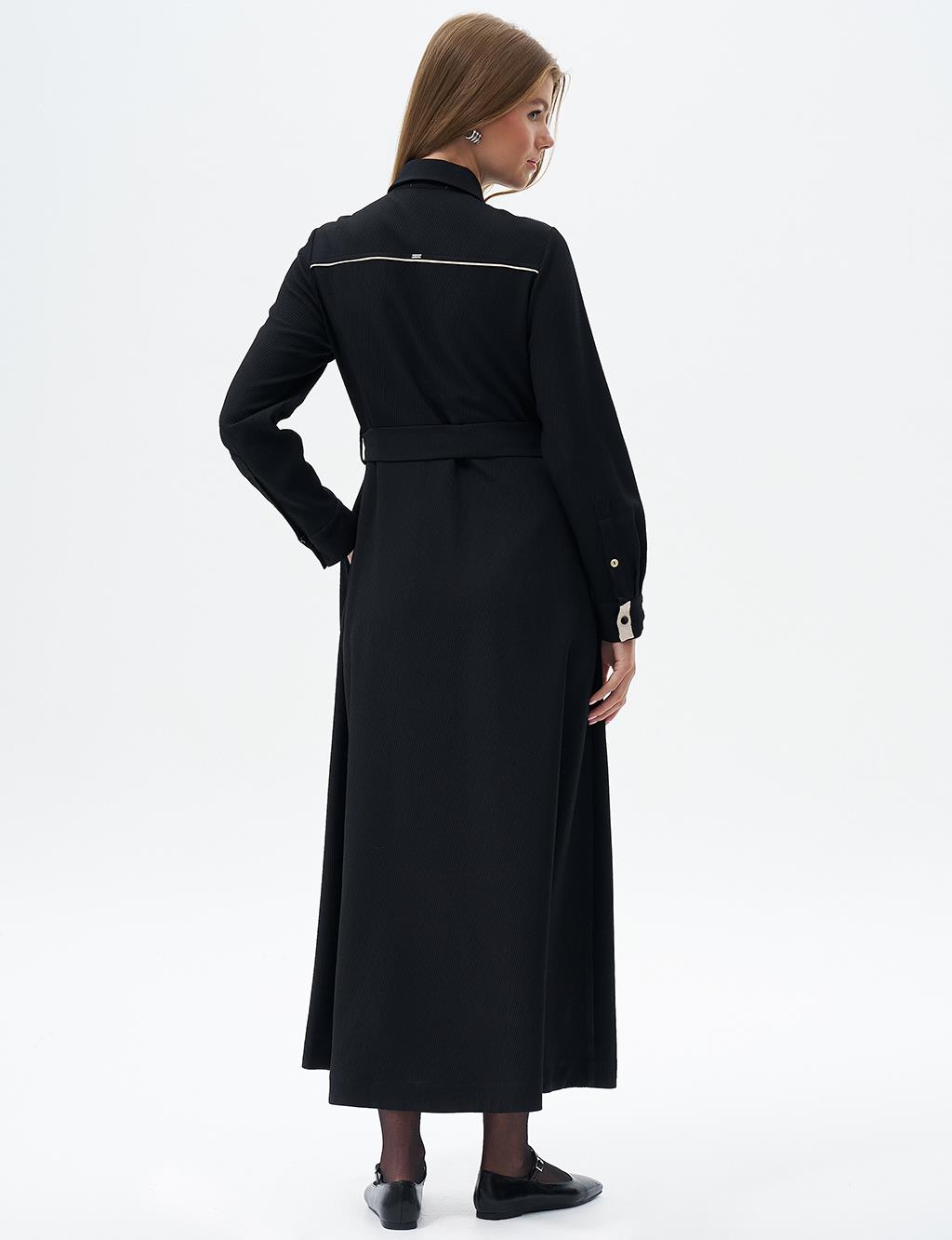 Brooch Dress with Piping Detail Black