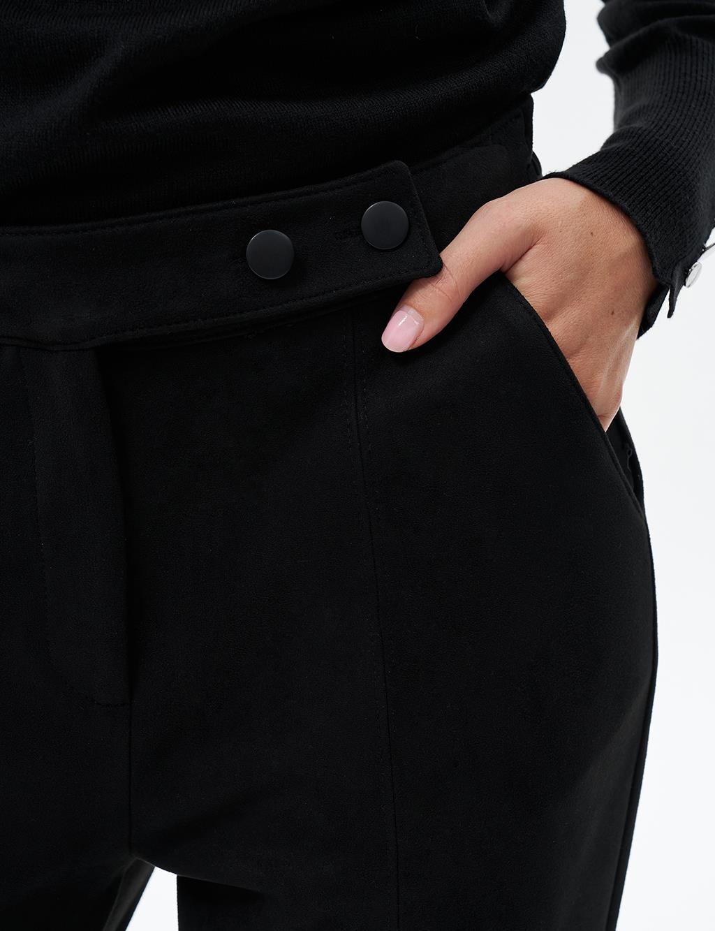 Suede Trousers with Button Detail Black