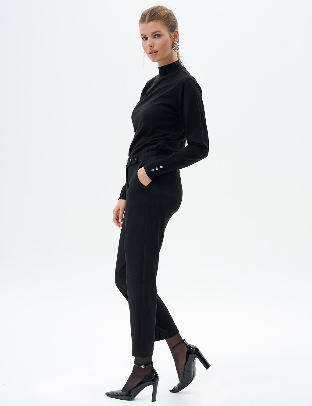 Suede Trousers with Button Detail Black