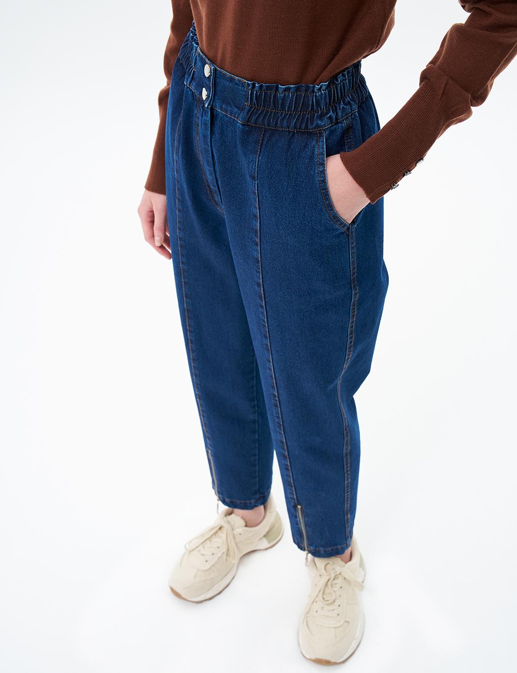 Paçası Fermuarlı Denim Pantolon Lacivert