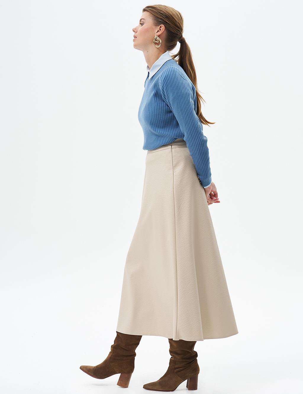 Faux Leather Flared Skirt Cream