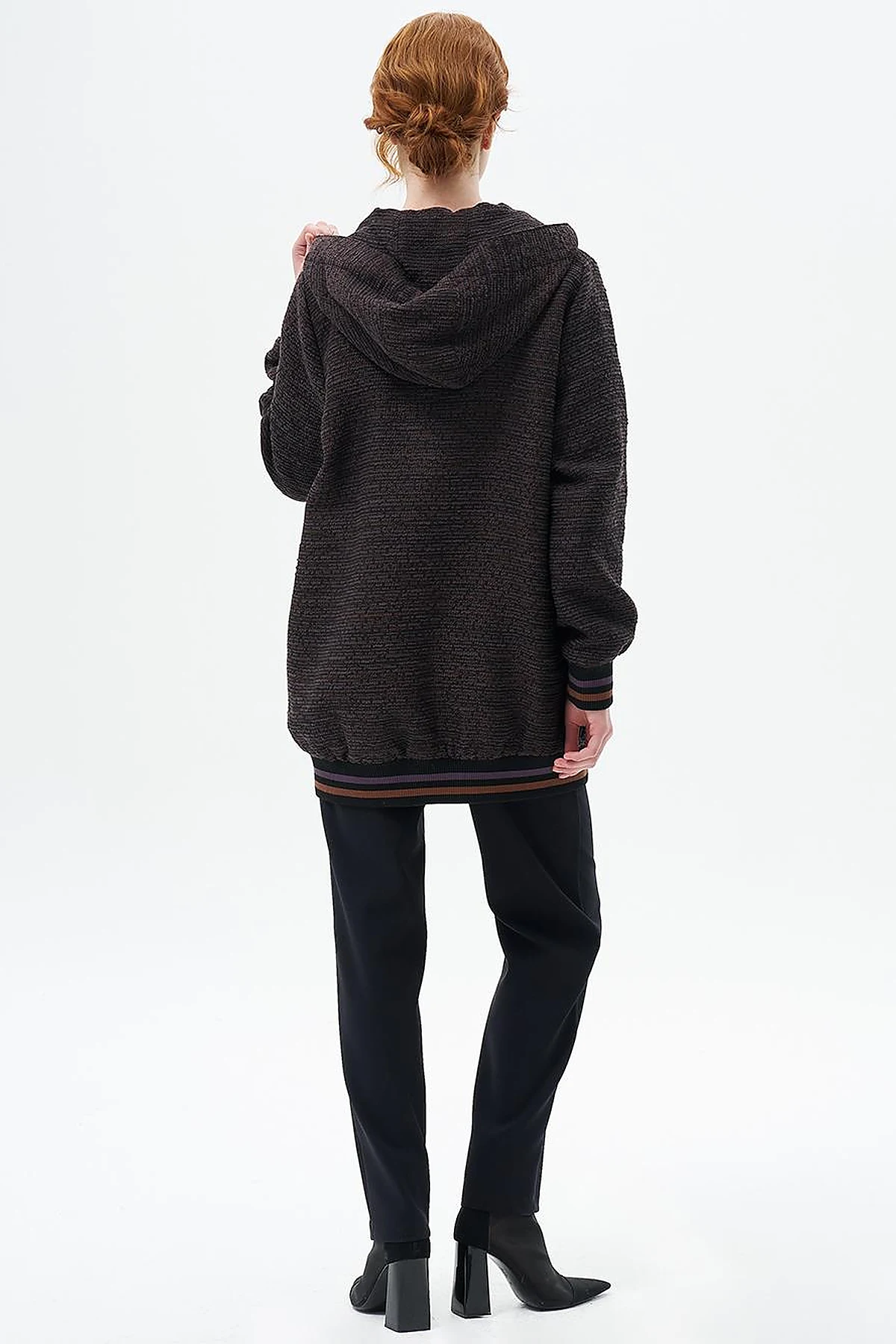 Ribbed Jacket with Hood Detail Black-Plum