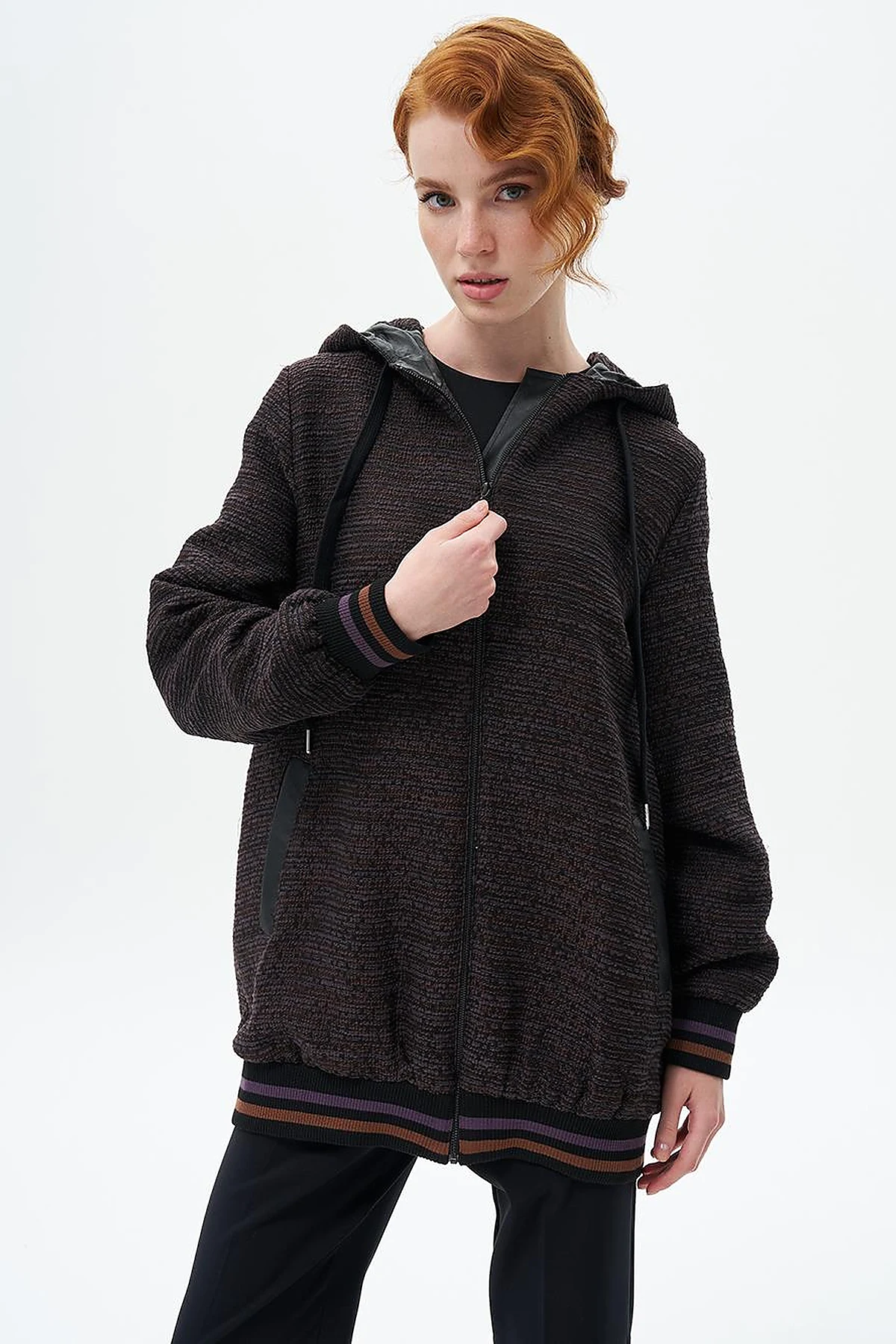 Ribbed Jacket with Hood Detail Black-Plum