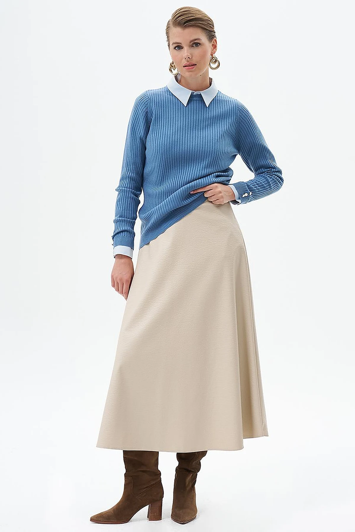 Faux Leather Flared Skirt Cream